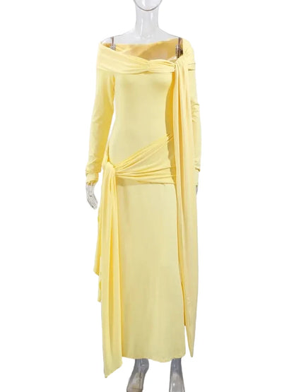🍒Solid pleated off shoulder maxi dress elegant summer clothes women long sleeve party dress chic occasion wear Get Sun Drenched