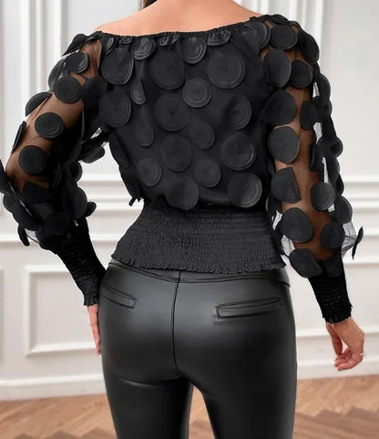 🍒Modern floral tops for women occasion shirred hem t-shirt design mesh patch long sleeve off the shoulder gigot Sleeve  bouse Y2k asthetic Hot Spot