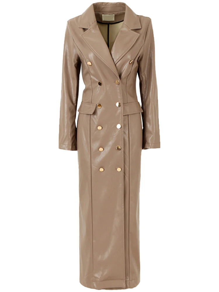 🍒Ekstra lang kunsleer trenchcoat vir dames dubbelbors luukse elegante lang slim gemaklike pu-oorjas Bly OP HOOGTE van DUBBEL neem-klere