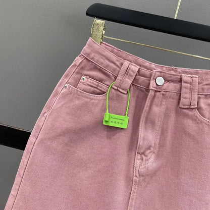 🍒High-waisted denim skirt pink colour a-line fashion skirt with back split midi fashion womens casual clothing denim wear       Pink Shade Of Blue Who Knew