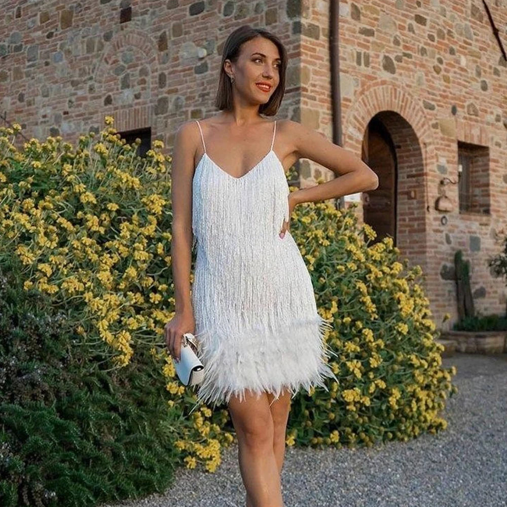 🍒Fringed mini dress backless short sphaghetti straps with feathers for Women Sequin wedding guest outfit v-neck party wear occasion clothing Feel LIGHT-hearted in FEATHERS