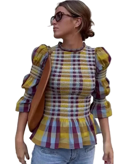 🍒Vintage plaid tops elastic pleated shirt women casual clothes o-neck long sleeves ruffle hem top chic fashion high streetwear smart casual clothing