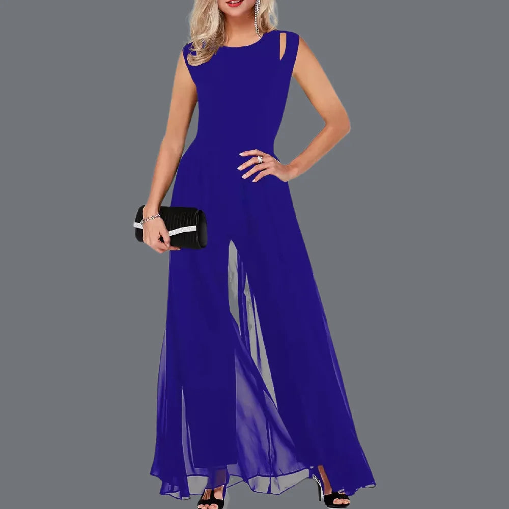 🍒Summer long jumpsuits for women round neck sleeveless outfit milk silk solid colour occasion wear