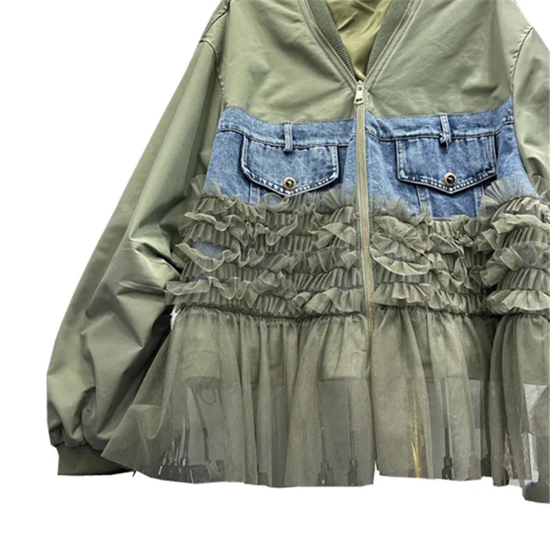 🍒Womens zipper cardigan Jackets v-neck loose fit casual outerwear long sleeve high street spring loose fit pockets and frills detail mixed media fashion clothing   You Will Be Frilled With This And Your Friends Will Be Green With Envy