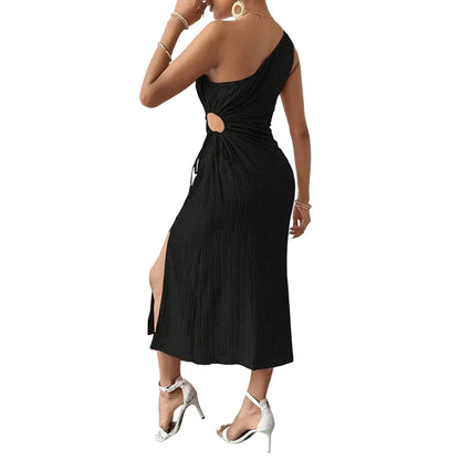 🍒One shoulder sleeveless midi dress summer smart casual women's holiday fashion solid colour a-line outfits for party occasion clothing Do knot Waist Time Getting This