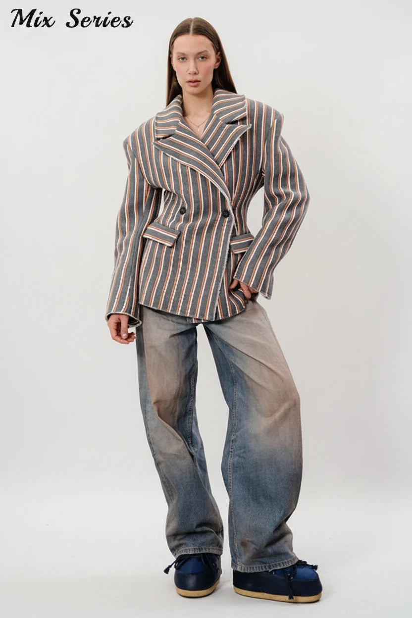 🍒Gestreepte baadjie, volmou-baadjie vir dames met gekerfde lapelkraag, dubbelbors lentejas, mode drag, kantoorklere   Look Sjokolade In Oranje