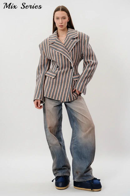 🍒Gestreepte baadjie, volmou-baadjie vir dames met gekerfde lapelkraag, dubbelbors lentejas, mode drag, kantoorklere   Look Sjokolade In Oranje
