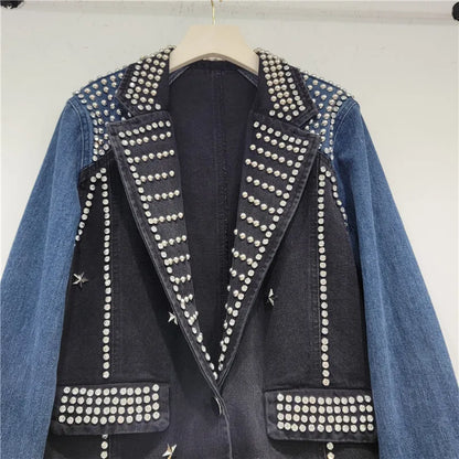 🍒Y2K oesjaar denimbaadjie stylvolle vakmanskap gestikte diamante baadjie enkele knoop gemengde media klere kontraskleur lapwerk denim dra slim gemaklik vroue Denim Ontwerper Diamant Genot