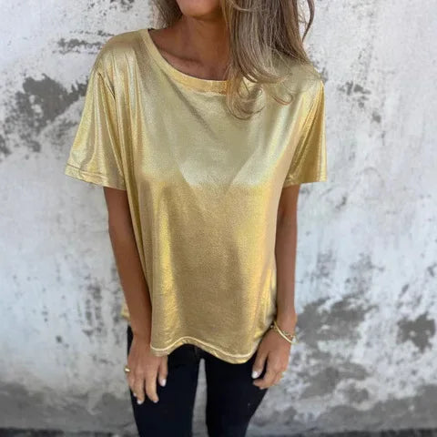🍒Metaalagtige los top blink kortmou T-hemp dames spesiale geleentheid tops goud T-hemp o-nek mode slim gemaklike damesklere Top 'Talic Tee