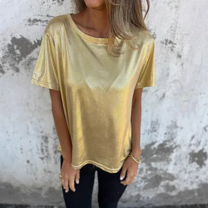 🍒Metaalagtige los top blink kortmou T-hemp dames spesiale geleentheid tops goud T-hemp o-nek mode slim gemaklike damesklere Top 'Talic Tee