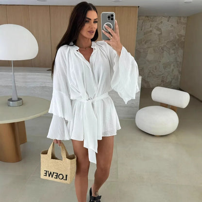 🍒Elegante opvourok vir vroue bruin diep v-nek langmou mini-rok vroulike lente somer los modeklere partytjie geleentheid drag Blouse Up In  a Dress