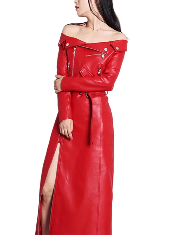 🍒Leather long dresses with side split for women slash neck red black pu outfit long sleeve shoulderless for occasions party wear club wear REDiculously Cool