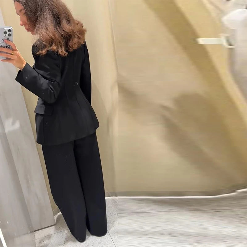 🍒Casual black blazer and pants set long sleeve jacket with fitted waist and long kick flare solid straight pant set women spring autumn suits  ‘Well fit