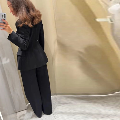 🍒Casual black blazer and pants set long sleeve jacket with fitted waist and long kick flare solid straight pant set women spring autumn suits  ‘Well fit