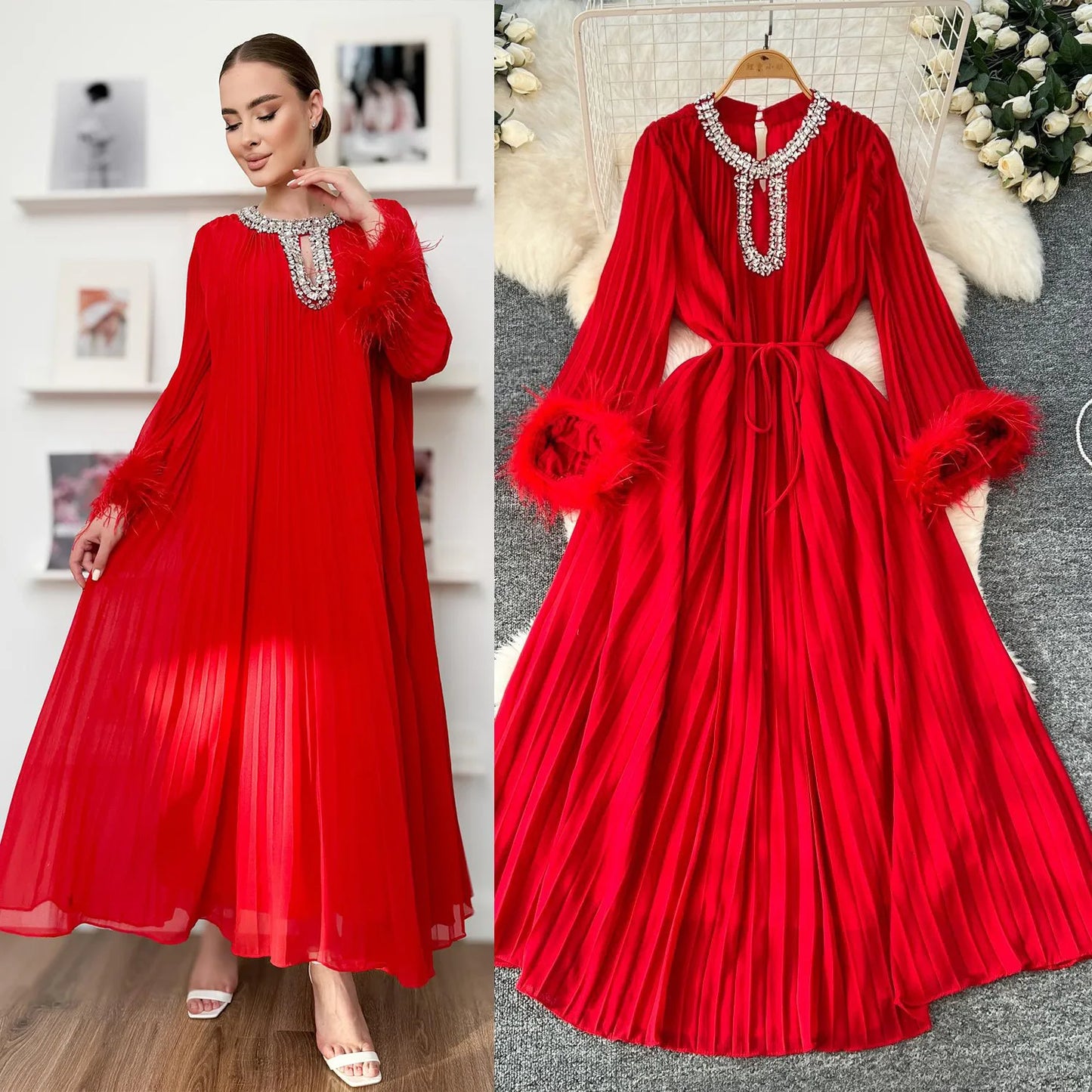 🍒Pleated long dress for women white maxi outfit wedding guest wear diamond and feather detail long sleeve elegant party occasion wear long sleeve club wear Look Diamond In Pleats