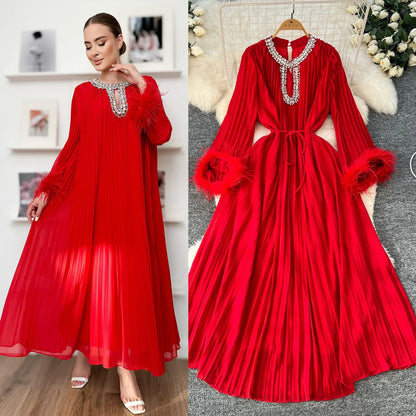 🍒Pleated long dress for women white maxi outfit wedding guest wear diamond and feather detail long sleeve elegant party occasion wear long sleeve club wear Look Diamond In Pleats