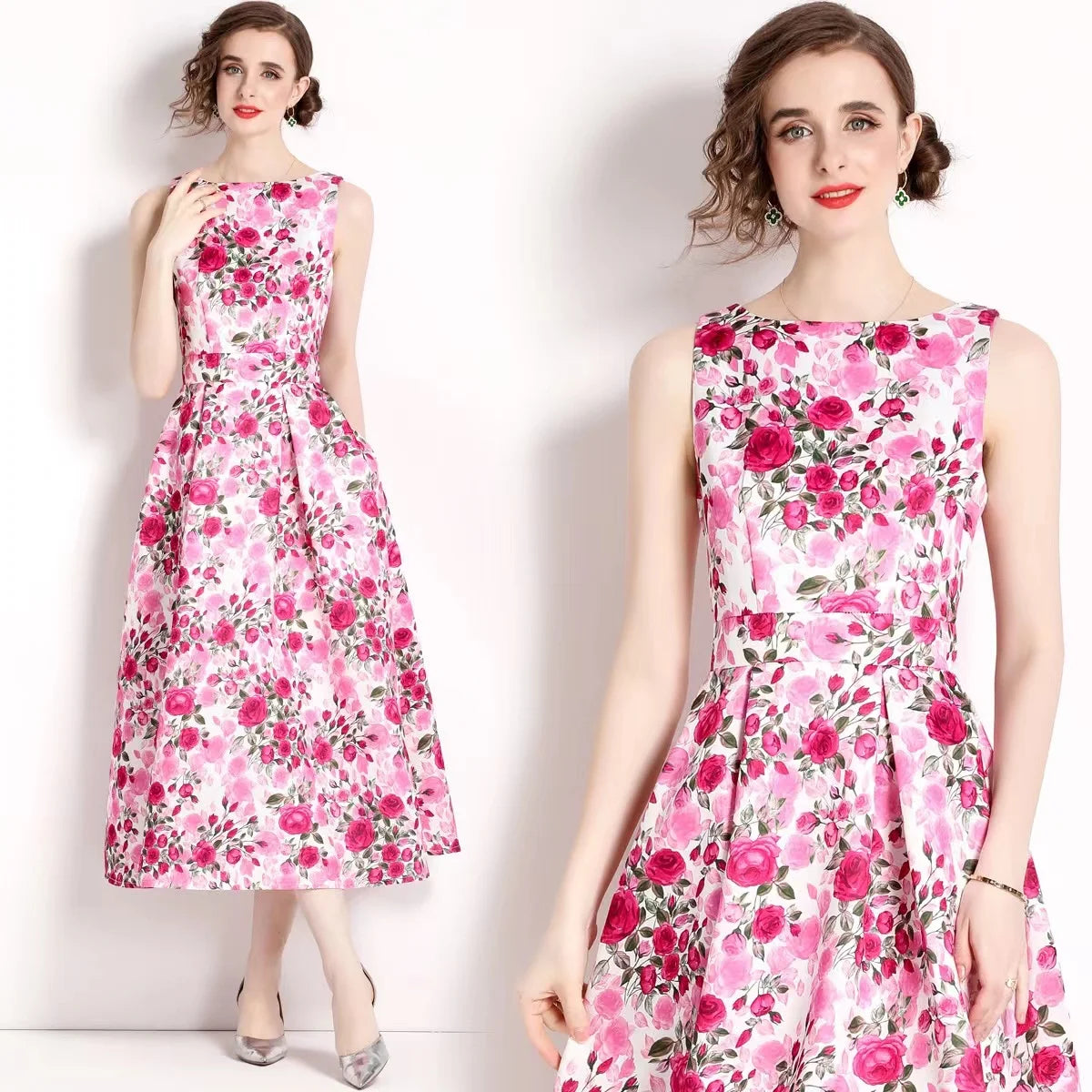 🍒Designer fashion dress floral print clothing vintage a line party wear outfit for women birthday dinner retro runway occasion wear  make ARRANGEMENTs for these FLOWERs