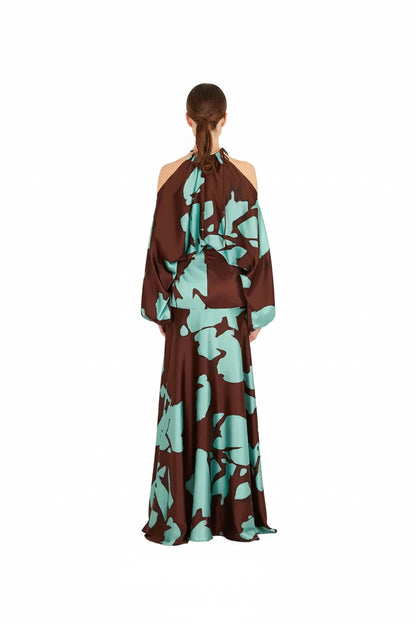 🍒Elegant evening dresses vacation style outfits printed off shoulder with slits party evening wear fashion clothing for women Look Sound In Aqa Brown Gown