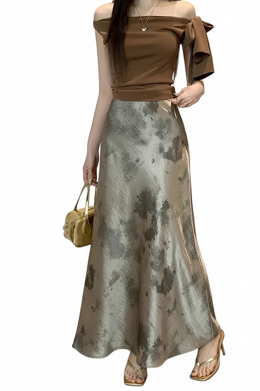 🍒Elastic satin skirt with high waist slimming mid-length floral print high-end feel fish tail skirt shiny for women Slip On A Silky Slippy