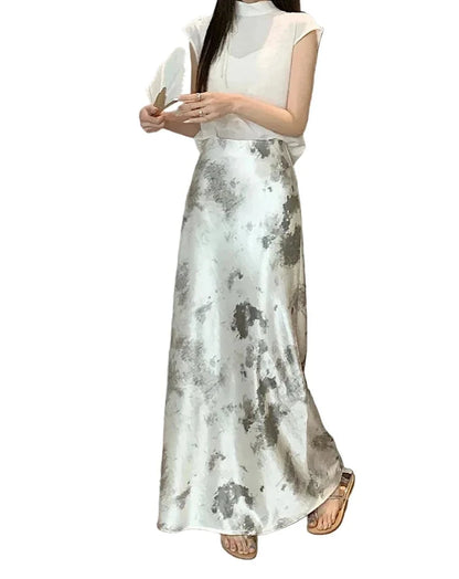 🍒Elastic satin skirt with high waist slimming mid-length floral print high-end feel fish tail skirt shiny for women Slip On A Silky Slippy