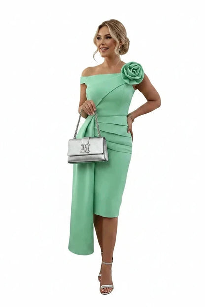 🍒3D flower dress off shoulder slim fit short trail women’s  outfit for occasion party wear slash neck bodycon ruched dress spring summer wear wedding guest clothing Pop A Mint Or Treat Yourself To A Train