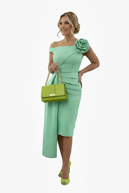 🍒3D flower dress off shoulder slim fit short trail women’s  outfit for occasion party wear slash neck bodycon ruched dress spring summer wear wedding guest clothing Pop A Mint Or Treat Yourself To A Train