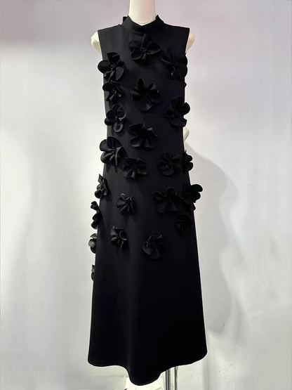 🍒Female evening dress 3D flower dress women sleeveless stand collar outfit maxi a-line occasion wear party wear fashion Always Have A-line Of Appliques In Your Armoire