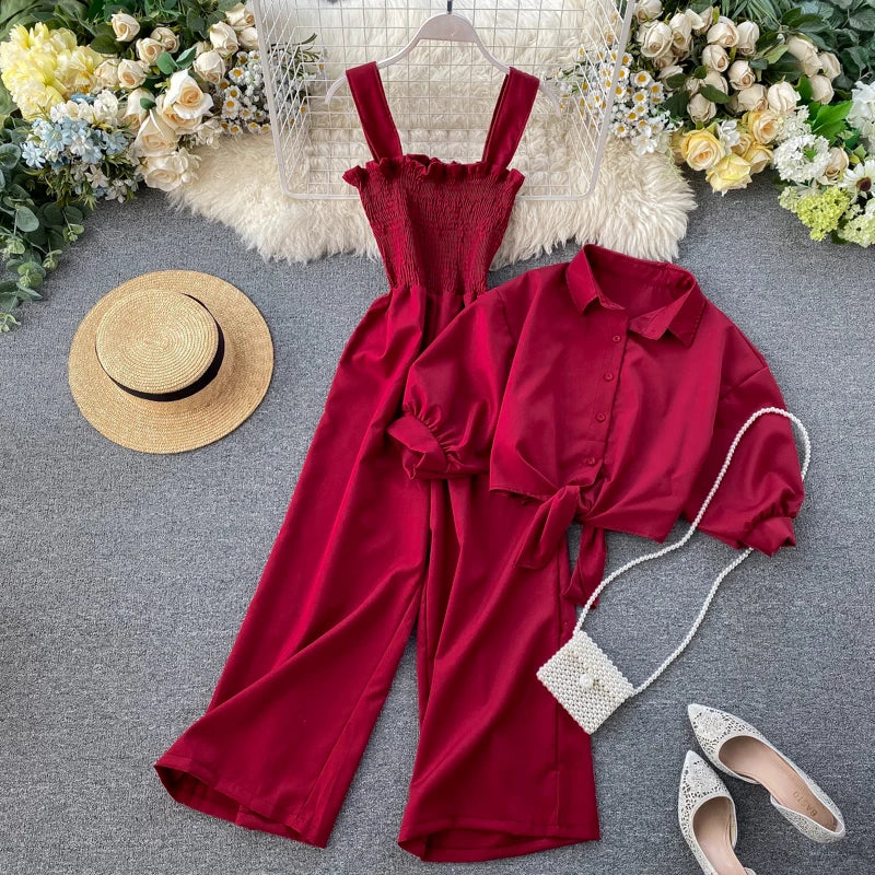 🍒Two piece clothing sets high waisted jumpsuit smart casual women and short sleeve blouse crop top female fashion wears  Y2k style clothing Jump On This Suit