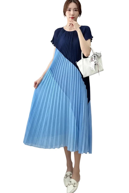 🍒Mid length dresses for women casual outfit short sleeve smart three-residence series round neck clothes fashion pleated loose waist summer wear Angle To A Diagonal