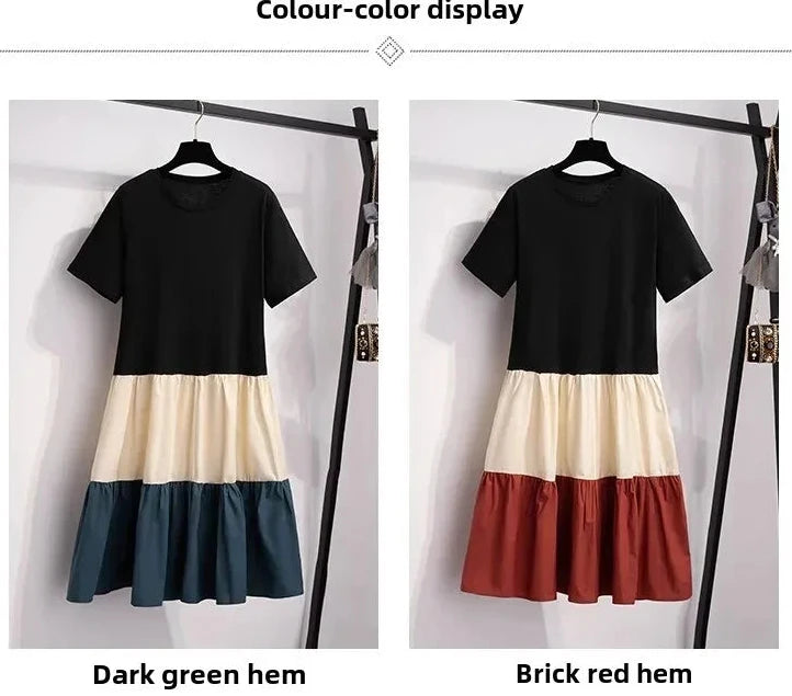 🍒T-shirt dress women colour block outfit loose fit plus size summer fashion stripe clothing stylish medium length over knee a-line fashion wear holiday wear Blocks Of Style