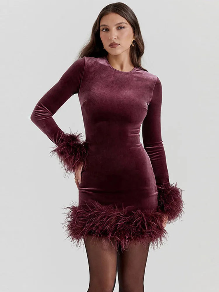 🍒Fluweelrok met pelsversiering, langmou, skraalpaspartytjiedrag, kort vir damesmode, langmou vir geleenthede. Heerlike Rooi Fluweel