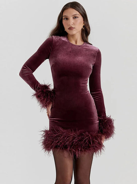 🍒Fluweelrok met pelsversiering, langmou, skraalpaspartytjiedrag, kort vir damesmode, langmou vir geleenthede. Heerlike Rooi Fluweel