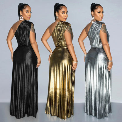 🍒Metalic women's dress pleated elegant slanted shoulder sleeveless outfit solid colour occasion partywear fashion evening wear 'Perfect Party Polish