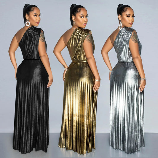 🍒Metalic women's dress pleated elegant slanted shoulder sleeveless outfit solid colour occasion partywear fashion evening wear 'Perfect Party Polish