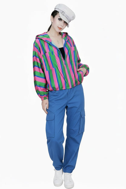 🍒Hooded windbreaker Jacket women streetwear long sleeves spring top quick drying Y2k striped clothing fashion casual bomber women    Swipe Right To This Right Stripe