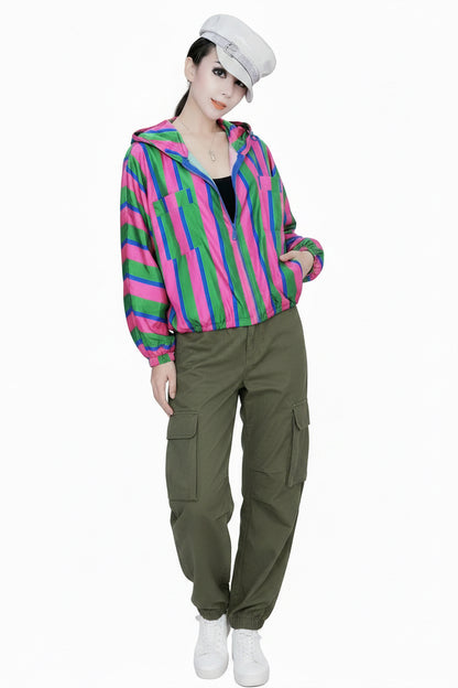 🍒Hooded windbreaker Jacket women streetwear long sleeves spring top quick drying Y2k striped clothing fashion casual bomber women    Swipe Right To This Right Stripe