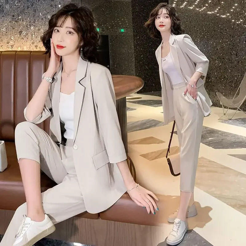🍒Two piece blazer suit jacket and Pants two piece set for Women capri trousers with lapel jacket  office workwear party occasion wear Look Cool In Ice Cream