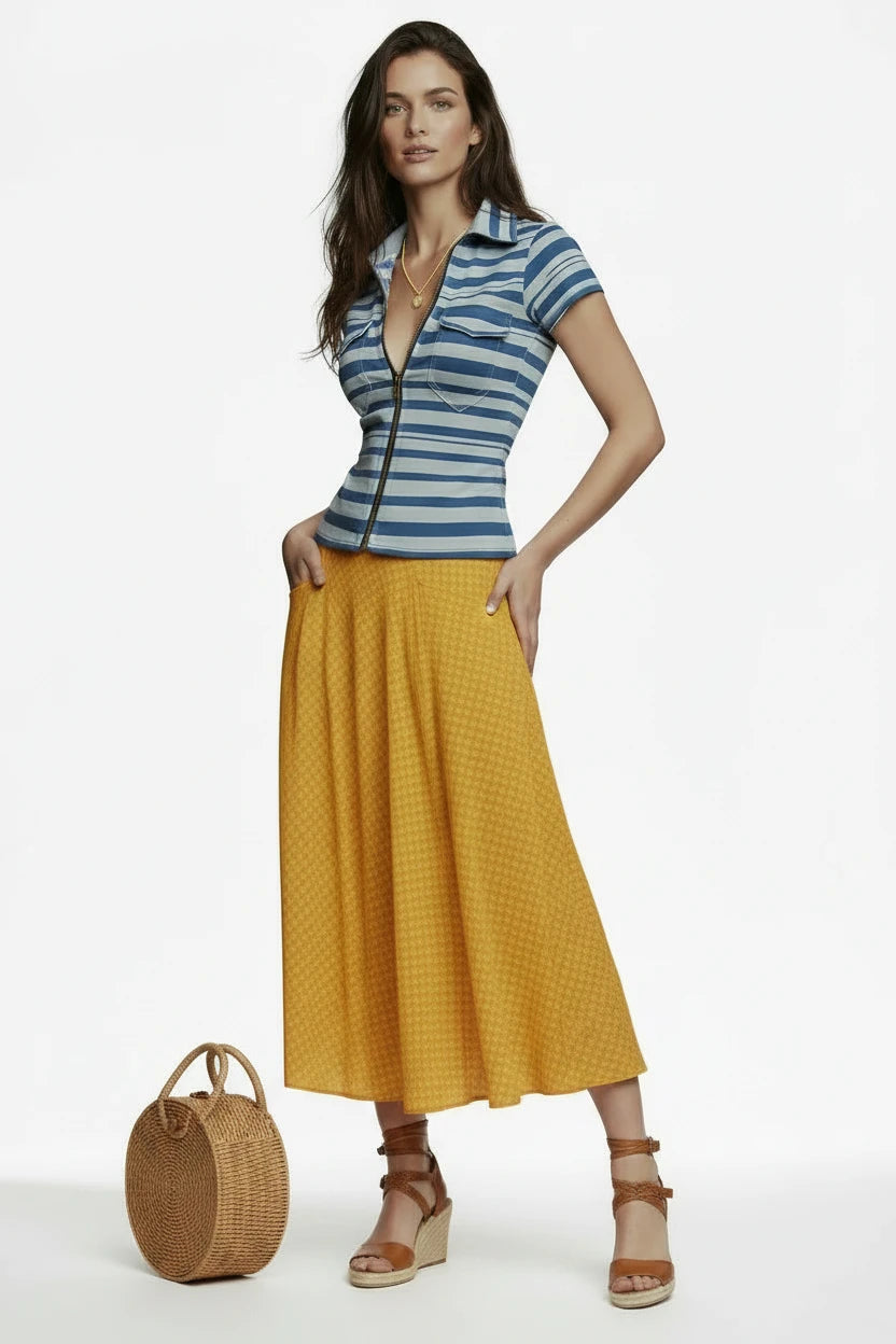 🍒Striped top short sleeve cropped smooth-print design, fashion faux denim printed short-sleeve shirt with real pockets for women casual shirts  Snatch A Stripe Shirt