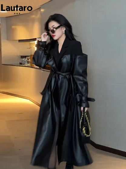 🍒Long black faux leather coat pu trench coat mixed media fashion womens autumn winter outerwear double breasted outerwear loose stylish luxury designer clothing Shoulder Bold