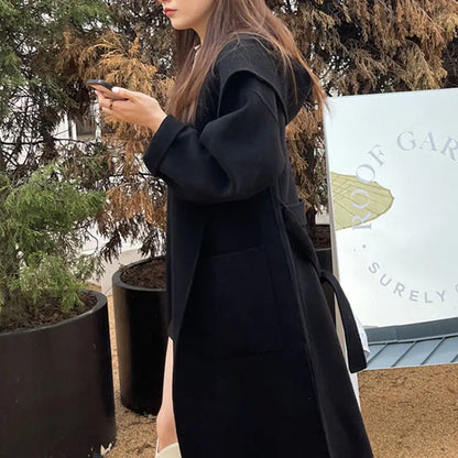 🍒Loose winter coat women solid over coat for women wool hooded coats trendy outerwear oversize vintage female elegant sash and pocket warm street fashion Wrap This Up