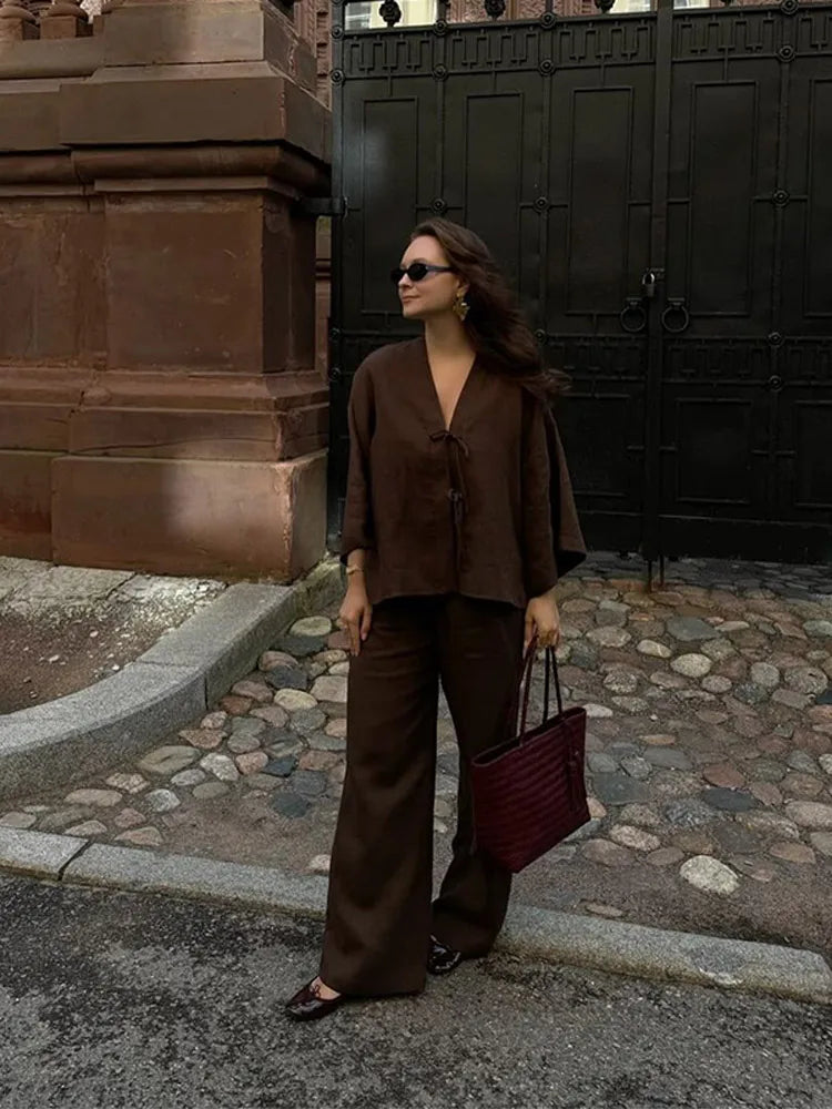 🍒Summer fashion outfits chic brown cotton linen lace up shirt suits casual v- neck long sleeves loose pants set lady Dont Get Browned Off With Uncomfy Clothes Get Some Chocholate And Relax