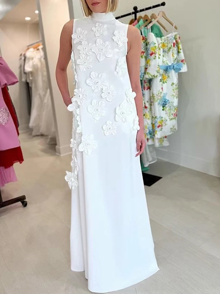 🍒Female evening dress 3D flower dress women sleeveless stand collar outfit maxi a-line occasion wear party wear fashion Always Have A-line Of Appliques In Your Armoire