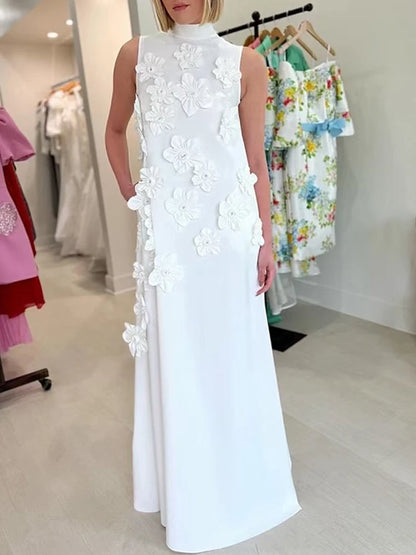 🍒Female evening dress 3D flower dress women sleeveless stand collar outfit maxi a-line occasion wear party wear fashion Always Have A-line Of Appliques In Your Armoire