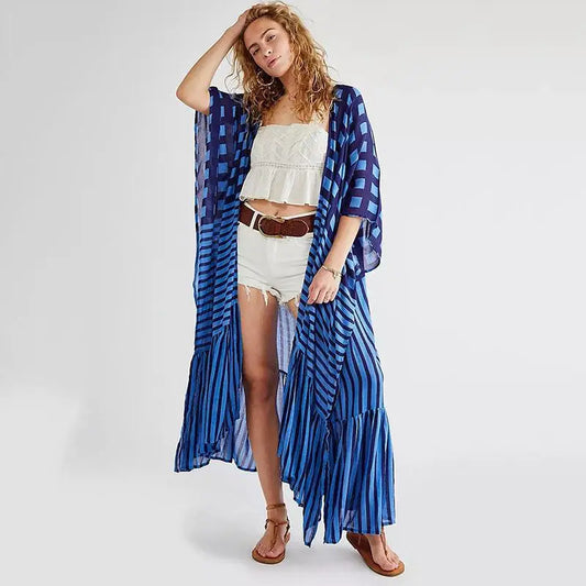 🍒Strandbedekkers vir swemklere vir vroue geruite kimono met strepe-kaap somerrok stranddrag-uitrustings Kyk Hierdie Strand