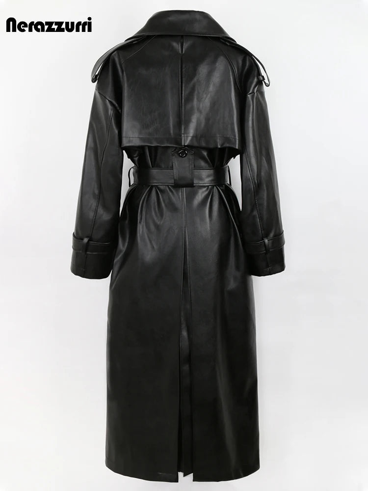 🍒 Lang oorgroot swart trenchcoat-kunsskaapleerbuitelaerdrag vir vroue dubbelbors-oorjas met gordel los slim-gemaklike buiteklere