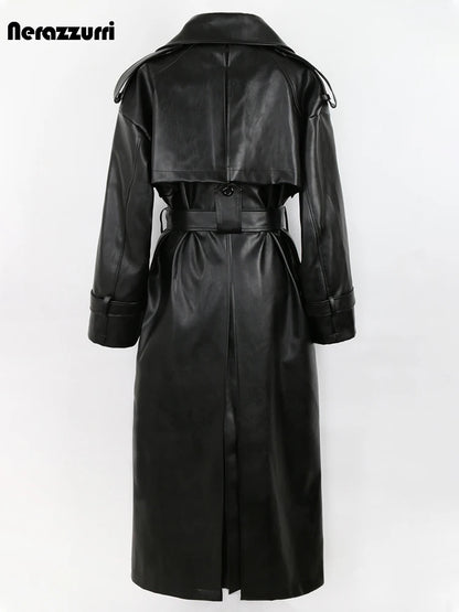 🍒 Lang oorgroot swart trenchcoat-kunsskaapleerbuitelaerdrag vir vroue dubbelbors-oorjas met gordel los slim-gemaklike buiteklere
