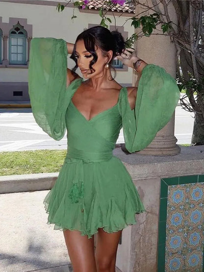 🍒Women's chiffon mini dress v-neck long sleeve split ruffle high waist outfit for holiday party fashion green beach dresses Let Them Envy You In This Green Beauty