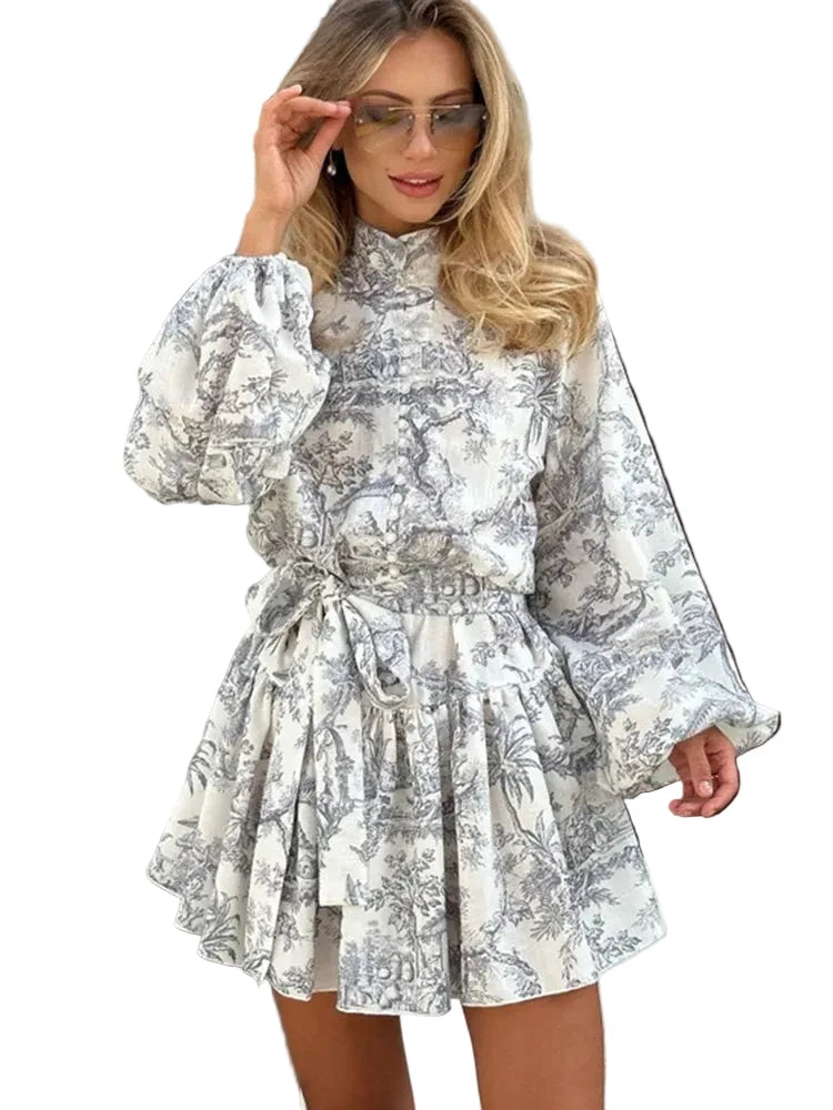 🍒Printed mini dress long sleeve clothes for hot weather o-neck outfit a line flare short china print smart casual female clothes fashion beach party wear holiday wear  Drink Cocktails In Your China