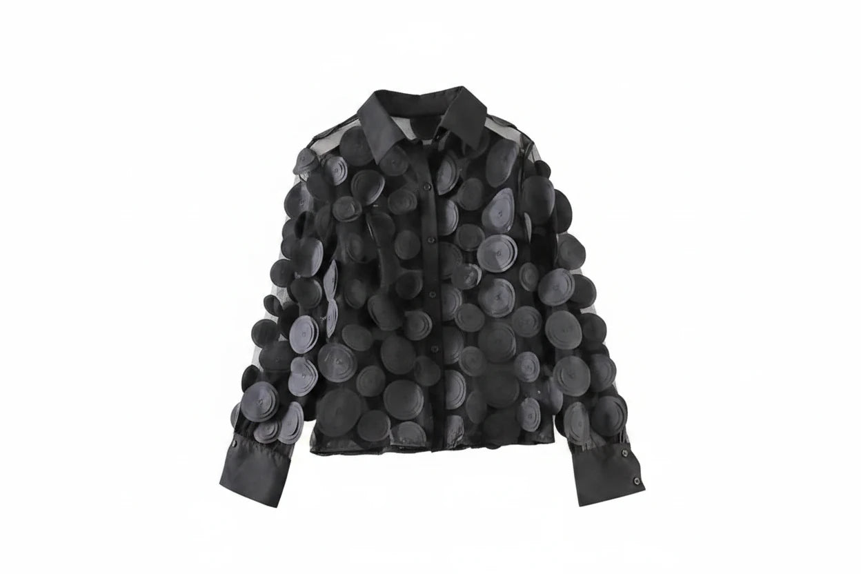 🍒Elegante Franse bloes 3D blom semi-deursigtige gaashemp top vroue lanternmou bloese somer Pick A Peach Or Two