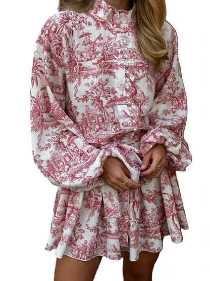 🍒Printed mini dress long sleeve clothes for hot weather o-neck outfit a line flare short china print smart casual female clothes fashion beach party wear holiday wear  Drink Cocktails In Your China